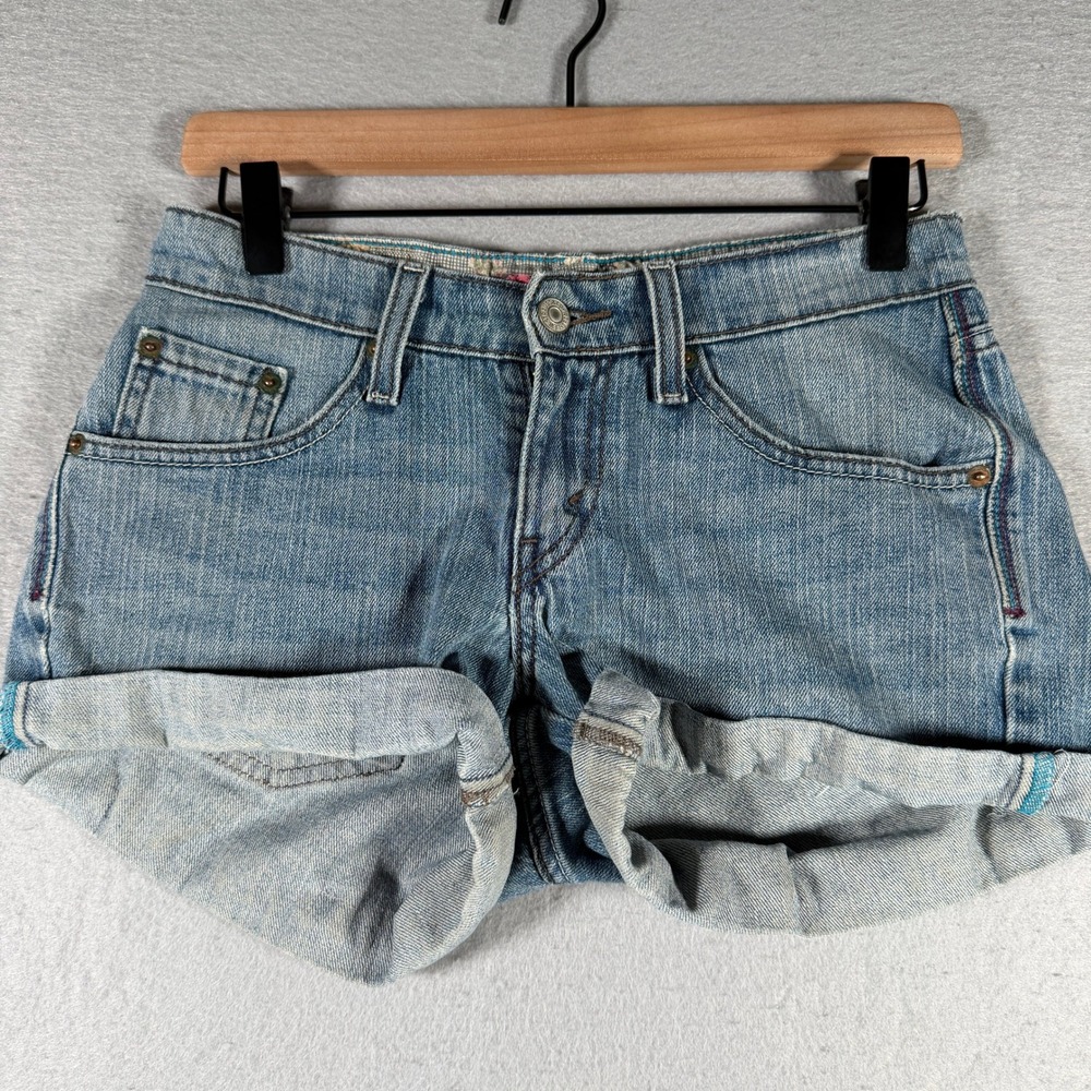 Levis 528 Curvy Cut Denim Shorts Womens 3 Blue Rainbow Embroidered Low Rise Y2K